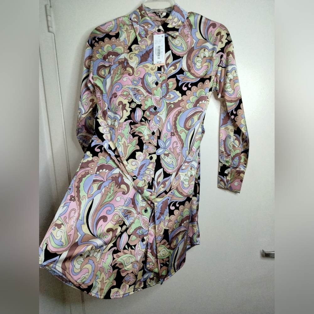 Evolutionary (Sz S) Multicolor Paisley Button Down Front LS Belted Dress NEW-NWT